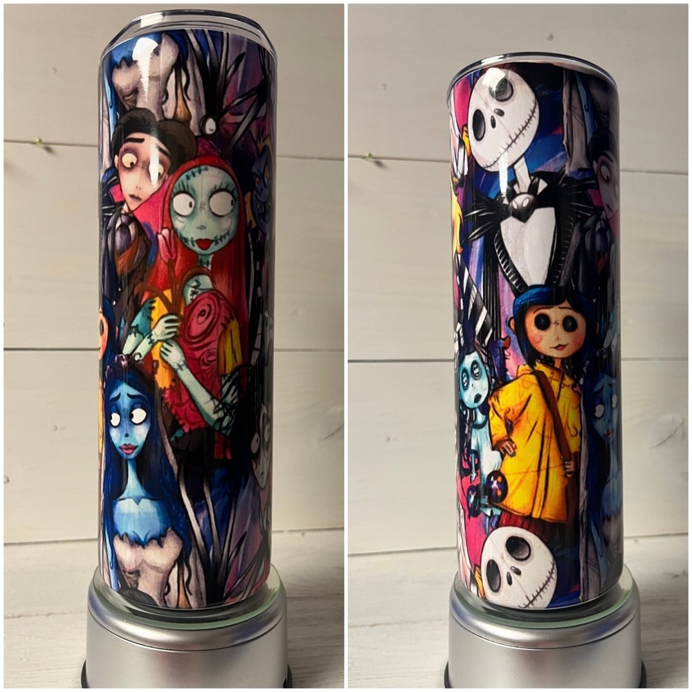 Tim Burton Characters 20oz Skinny Tumbler
with lid and Plastic Straw